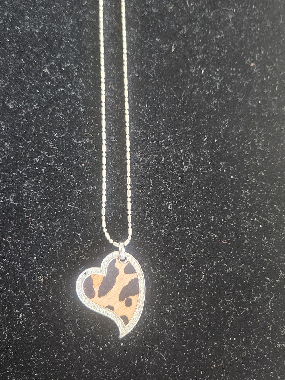 Heart Leopard Print Hair on Hide Pendant Necklace in with CZ accent -Sterling